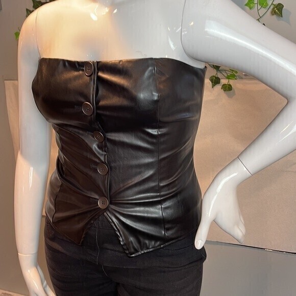 Button Up Strapless Faux Leather Top Black Size M RefM100 - Picture 7 of 11